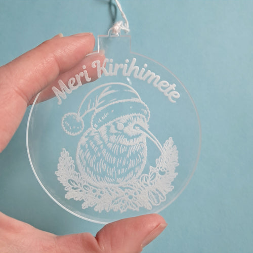 Meri Kirihimete with Kiwi Clear Acrylic Christmas Decoration