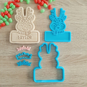 XL Reindeer with Name Box (2 or 4pcs) Cookie Cutter & Fondant Stamp Set