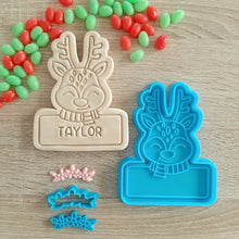 Load image into Gallery viewer, XL Reindeer with Name Box (2 or 4pcs) Cookie Cutter &amp; Fondant Stamp Set