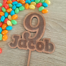 Load image into Gallery viewer, Name &amp; Number Engraved Wooden Cake Topper