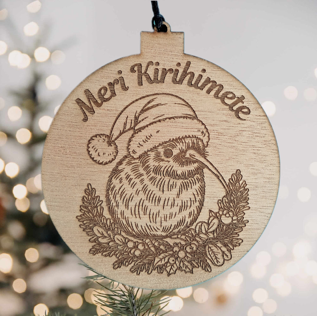 Meri Kirihimete with Kiwi Wooden Christmas Decoration