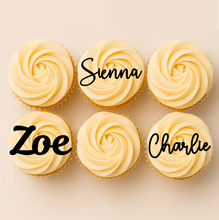 Load image into Gallery viewer, Six cupcakes with swirl frosting, each labeled with an acrylic name charm.
