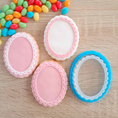 Scalloped Oval Frame Raised Acrylic Fondant Stamp & Cookie Cutter