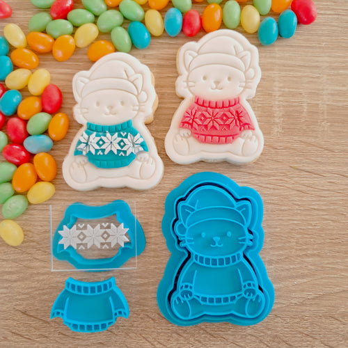Christmas Sweater Friends - Cat Cookie Cutter & Fondant Stamp (5 pcs)
