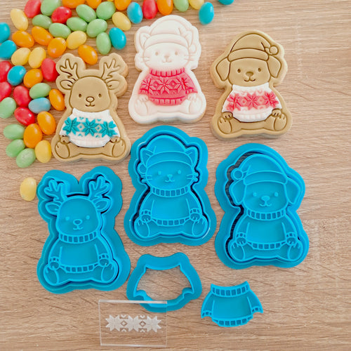 Christmas Sweater Friends - 3 Animal Combo Cookie Cutters & Fondant Stamps (9 pcs)