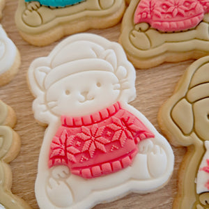 Christmas Sweater Friends - Cat Cookie Cutter & Fondant Stamp (5 pcs)