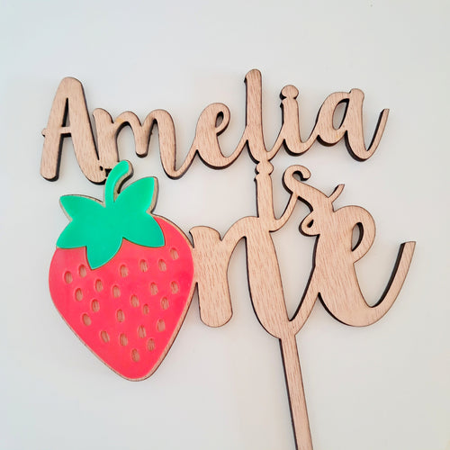 Strawberry One with Name Cake Topper
